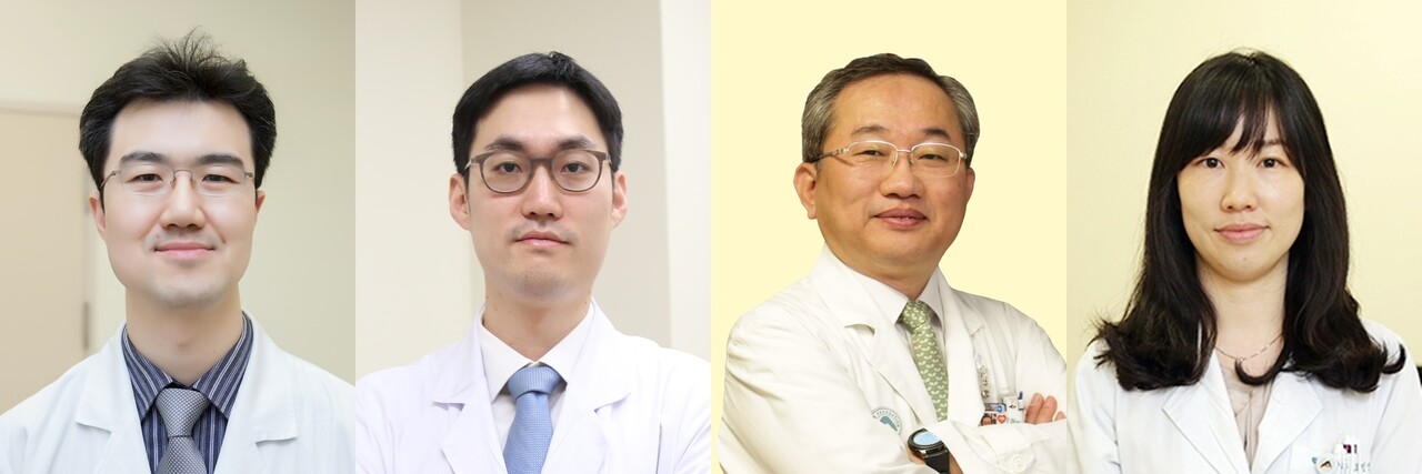 ▲(왼쪽부터) 서울아산병원 종양내과 윤덕현, 조형우 교수, 핵의학과 김재승, 오민영 교수 / 출처 : 서울아산병원